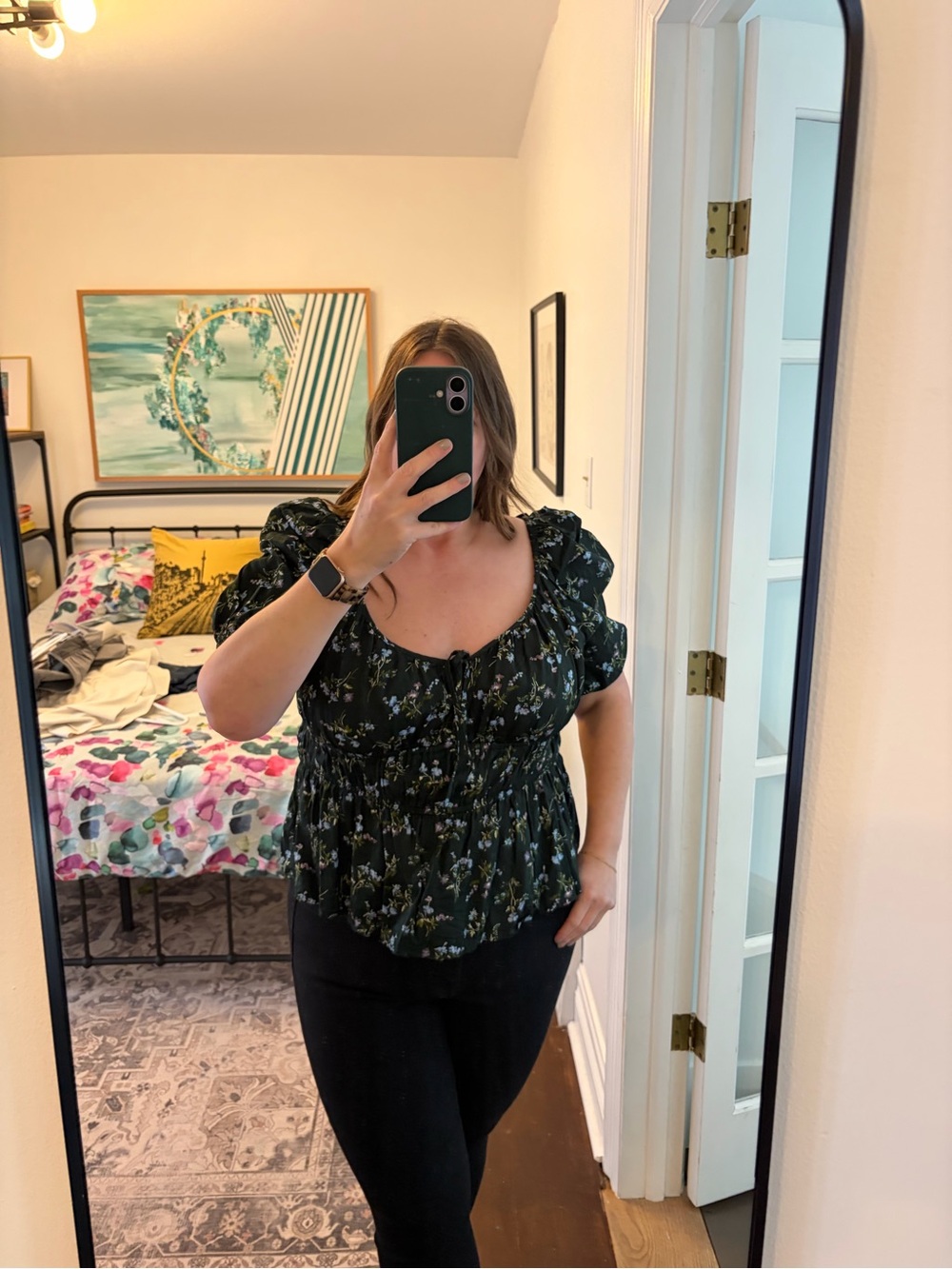 GAP Dark Green Floral Puff-Sleeve Peplum Blouse
